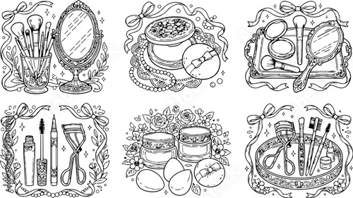 Intricate black and white vintage style makeup brush mirror compact powder mascara eyeliner eyelash curler cosmetic tools with floral decorative coloring book page labels