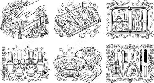 Intricate black and white vector art for a nail care and beauty coloring book with detailed floral manicure tools bottles hand towels and decorative elements
