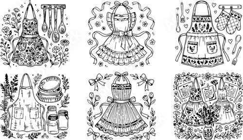 Hand drawn coloring book page with detailed vintage aprons hanging wooden spoons cooking utensils recipe sheets and floral decorations for creative relaxing art activity
