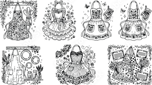 Detailed coloring book page featuring seven vintage aprons with floral patterns lace bows hanging with spoons plates and florals black and white line art for creativity and crafting