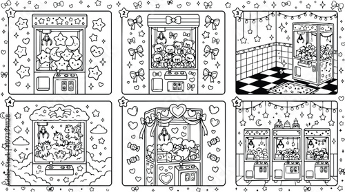 Black and white line art coloring book page with claw machine arcade game featuring cute plush toys hearts stars unicorns and bows in playful arcade room scene