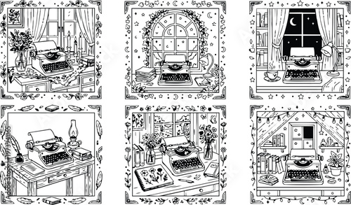 Intricate coloring book pages featuring vintage typewriters on decorated desks with windows candles flowers stacks of books and night and day themes detailed line art frames