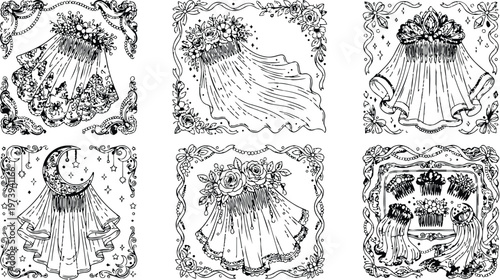 Intricate floral comb designs with detailed lace veils in ornamental frames for elegant bridal accessories coloring book page vector art illustration set