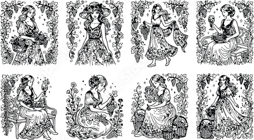 Elegant vintage style women in long flowing dresses holding baskets of grapes and wine glasses detailed line art coloring book page set with grapevine borders and floral decorations