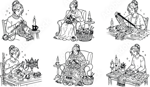 Detailed line art coloring book page set showing woman knitting scarf and mittens by candlelight sitting at table and armchair with yarn basket relaxing cozy mood
