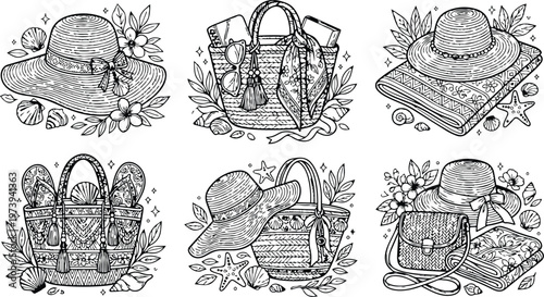 Intricate black and white coloring book page featuring six detailed summer beach accessories including woven hats bags sandals starfish and seashells in a decorative flat design style