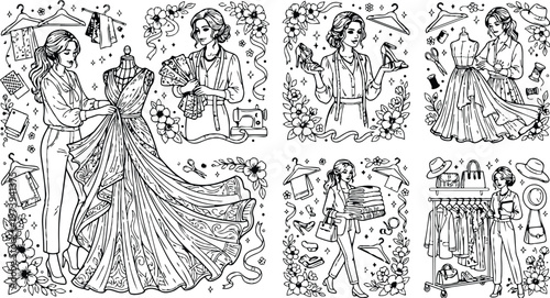 Detailed fashion designer woman adjusting elegant flowing dress on mannequin surrounded by sewing tools dressmaker measuring tape fabric swatches and floral decorations vector coloring book page art