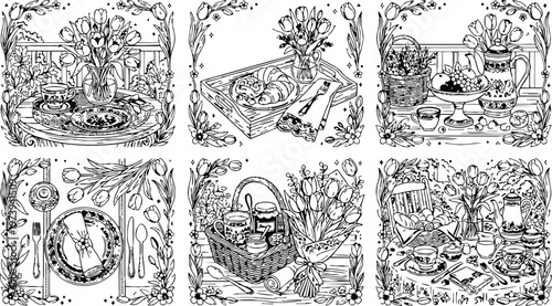 Black and white floral cartoon vector art set showing vintage tableware with tulip flower bouquet breakfast and tea arrangements for coloring book pages with ornamental borders