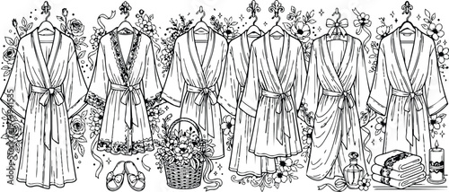 Detailed line art of hanging robes with floral decorations and ribbons slippers basket candle and towels beauty spa theme for elegant relaxing coloring book page design vector