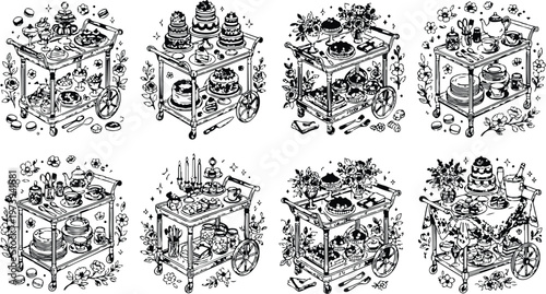 Detailed black and white line art featuring dessert and tea carts with a variety of cakes cupcakes utensils teapots plates and flowers for adult coloring book pages set