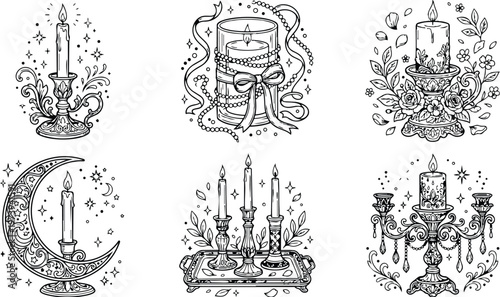 Elegant black and white vintage candle illustrations with intricate floral decorative elements for adult coloring book detailed line art style with ornate holders and ribbon decorations