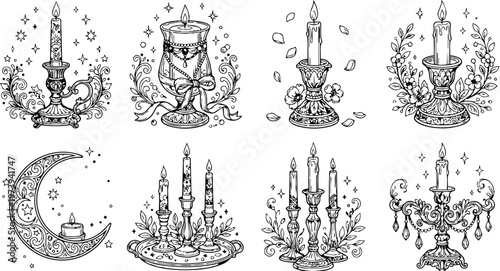Intricate black and white candle holder line art with floral decorations and ornamental elements for coloring book with vintage style designs and detailed patterns