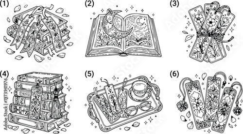 Intricate coloring book vector art of floral decorated bookmarks with stacked books cup of tea and glasses showing magical moon reading theme in black and white line art style