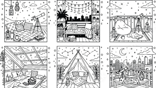 Cozy nighttime vector line art scenes of telescope stargazing setups inside and outside with cushions plants lanterns and blankets for coloring book pages and labels