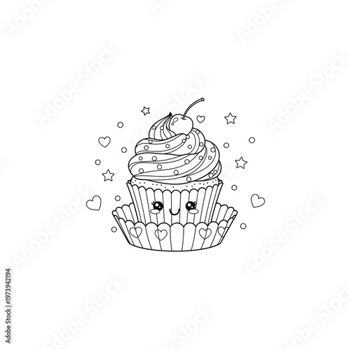 Decorated kawaii cupcake line art with stars and hearts