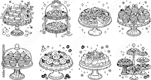 Intricate line art coloring book page featuring detailed cakes macarons cupcakes donuts and assorted sweets arranged on decorative cake stands surrounded by flowers and decorative elements