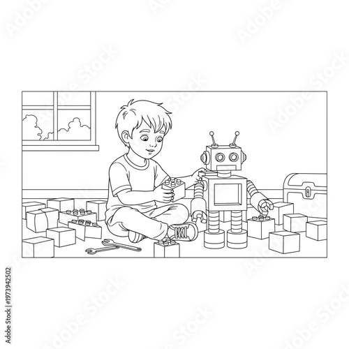 Child building toy robot