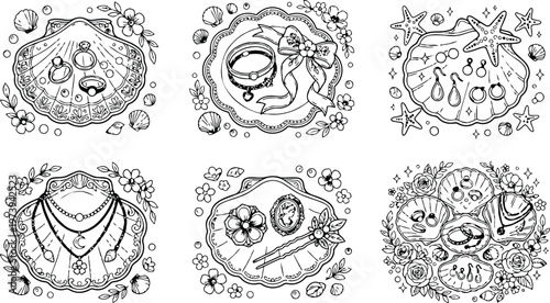 Black and white line art shell jewelry coloring book page featuring rings bracelets earrings necklaces and decorative flowers with seamless arrangement and detailed floral patterns
