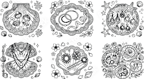 Intricate coloring book page with detailed seashell jewelry including rings earrings necklaces bracelets hairpins decorated with floral elements and underwater coral accents