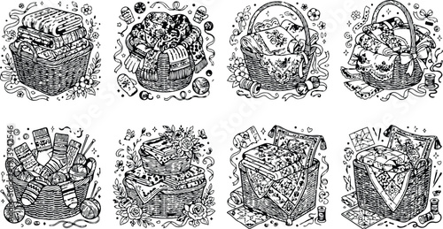 Intricate black and white line art basket with folded blankets and knitting socks in cozy detailed style for adult coloring book page design