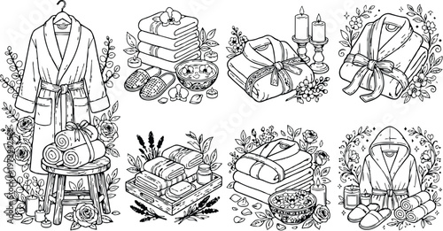 Hand drawn coloring book page with detailed spa bathrobe towels slippers candles flower decorations arranged on wooden stool and tray vector art set