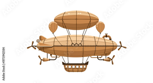 Vintage steampunk airship illustration on a white background.