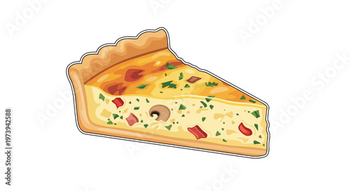 Slice of savory quiche with mushrooms and herbs vector illustration isolated on white background.