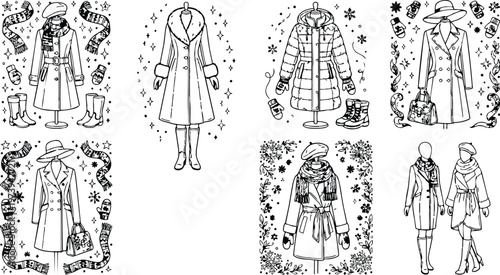 Black and white winter coats and accessories collection with hats scarves mittens boots detailed line art for coloring book pages and creative artwork designs