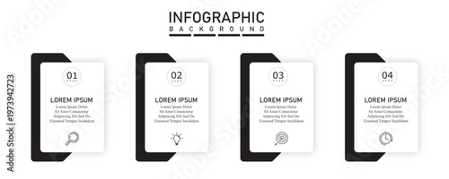 Business infographic with arrow flow timeline, 4-steps black shape marketing process diagram for presentation and reporting.