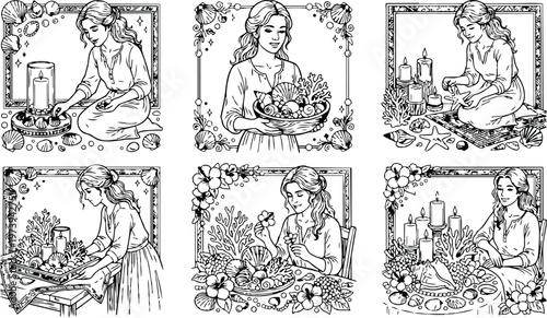 Black and white line art woman collecting sea shells arranging candles and flowers for relaxing seaside home decor coloring book pages set with intricate details and floral frames