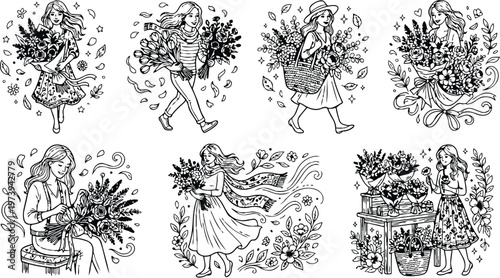 Black and white line art coloring book page set featuring women holding and arranging floral bouquets walking standing and sitting with flowers surrounded by leaves and decorative elements