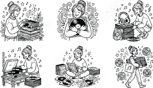 Black and white vector art of woman enjoying vinyl records selecting playing and carrying music collection with joyful expressions surrounded by music notes and stars for coloring book page