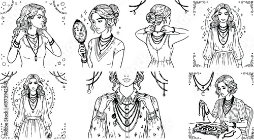 Intricate coloring book page set featuring women with layered necklaces bracelets holding mirror and beads detailed line art magical decorative elements elegant style