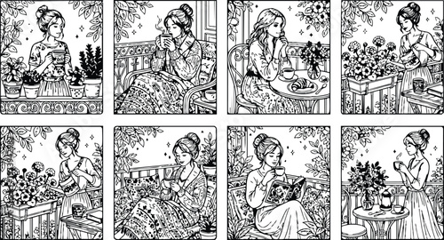 Black and white line art coloring book pages featuring young women drinking tea and coffee sitting reading and watering flowers on cozy balconies with detailed plants and furniture
