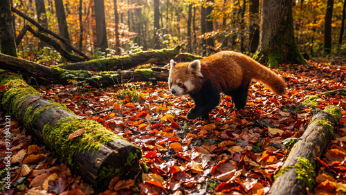 Red panda walking through autumn forest with fallen leaves soft light still