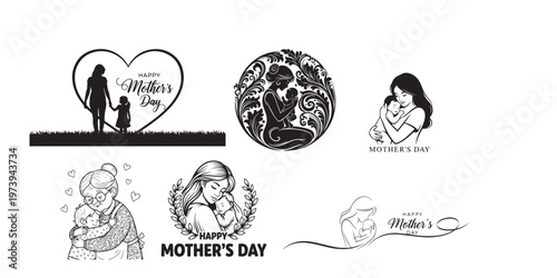Mother's day illustration set heart floral designs and mother child moments