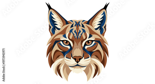 Front facing lynx portrait with blue tribal markings amber eyes and tufted ears creates a sharp wildcat emblem that feels fierce modern and ideal for mascot prints outdoor themes and badges.