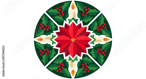A poinsettia mandala ringed with holly leaves red berries and candle flames creates a festive holiday medallion that feels both sacred and decorative for winter cards ornaments and seasonal decor