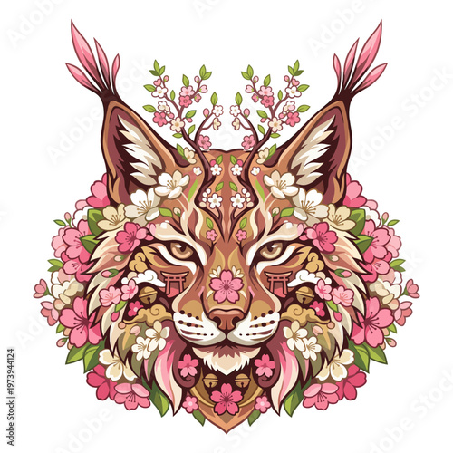 A floral lynx portrait woven with cherry blossoms wild petals and woodland ornament turns a fierce forest predator into a romantic spring totem filled with symmetry grace and quiet power