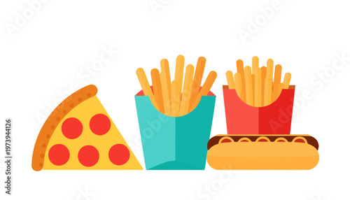 hand drawn vector illustration of a pizza and foods