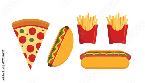 hand drawn vector illustration of a pizza and foods