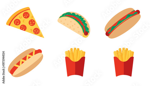hand drawn vector illustration of a pizza and foods