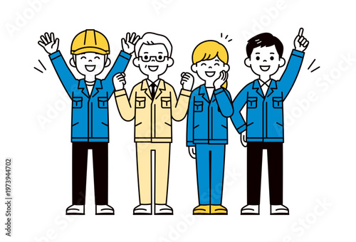 成功・達成して喜ぶ、作業着を着た工場勤務の男女の作業員の全身ベクターイラスト素材セット