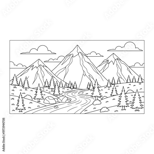 Mountain landscape line art drawing