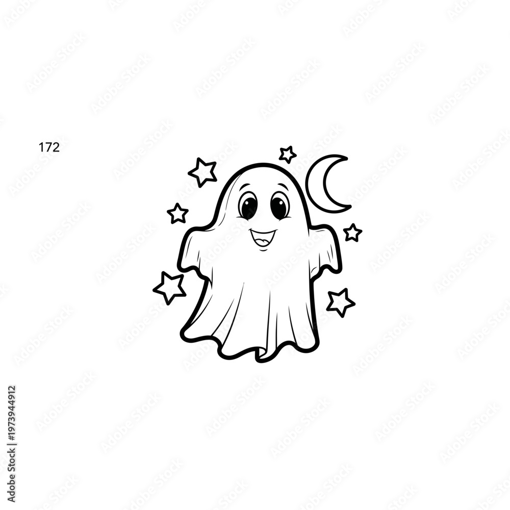 Obraz premium Cute cartoon ghost with moon and stars