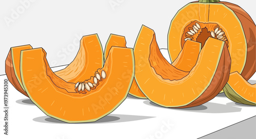 Vector illustration of fresh orange pumpkin slices on a white background