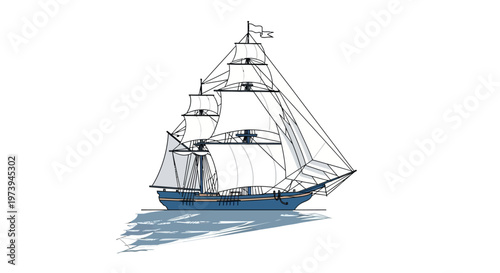 Vintage wooden sailing ship illustration on white background