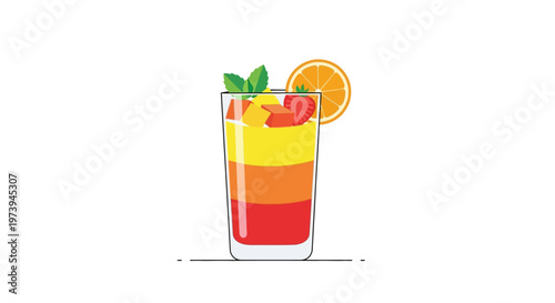 Refreshing layered fruit cocktail with orange and mint in a glass on white background