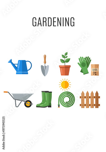 Illustration displaying gardening tools and elements against a white background