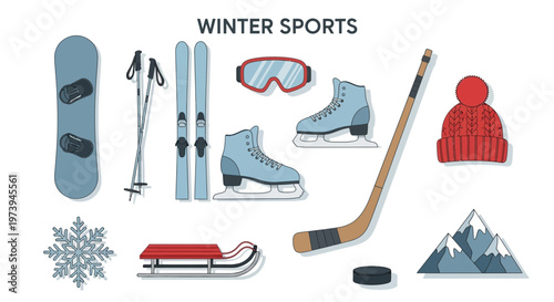Assorted icons representing winter sports equipment and elements on a white background